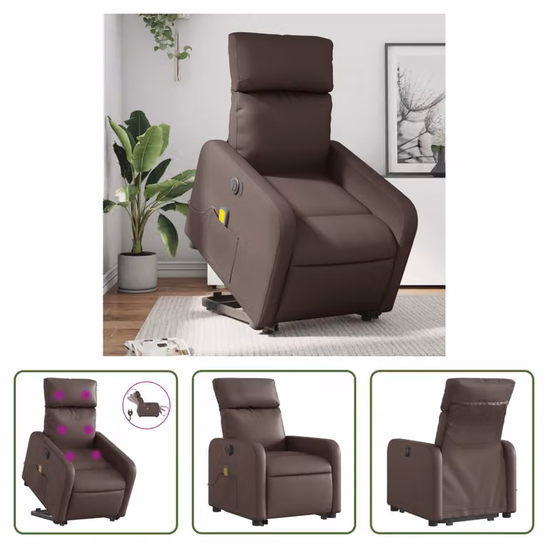 The Living Store Sedia massaggiante con supporto in piedi elettrica in ecopelle marrone