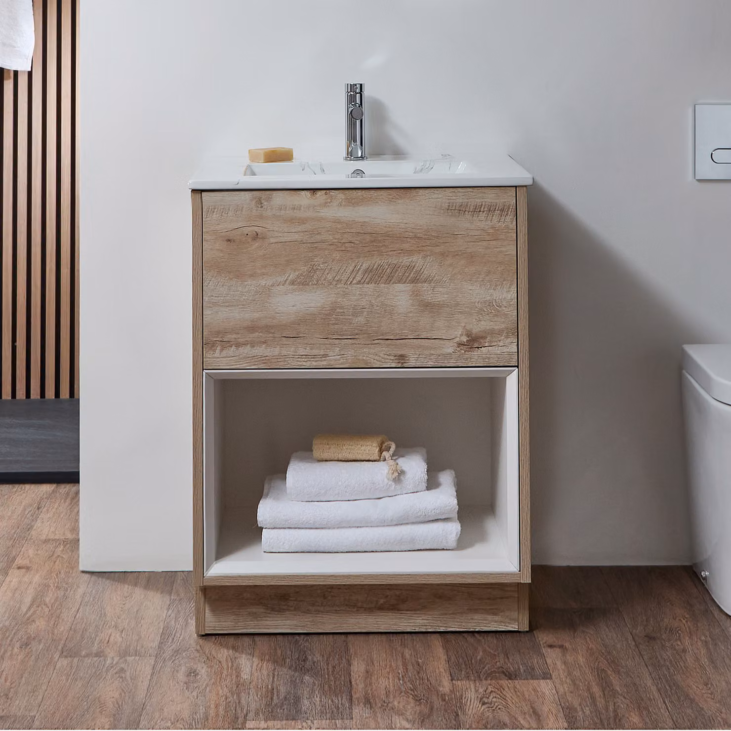 Mobile Bagno con Ripiano Aperto in Rovere Chiaro da 612mm con Lavabo Effetto Marmo