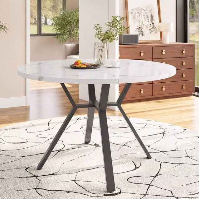 Tavolo da pranzo rotondo MODFU con piano in MDF effetto marmo bianco e base in metallo nero, Diametro: 100 cm, Altezza: 75 cm