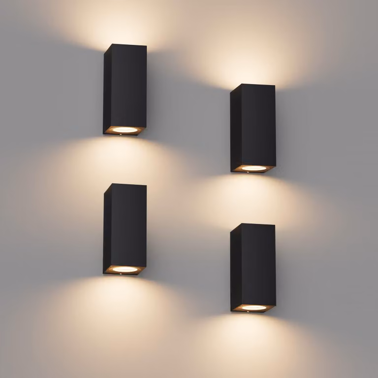 Set di 4 applique da parete nere, grado di protezione IP65, in alluminio, a forma quadrata, attacco GU10