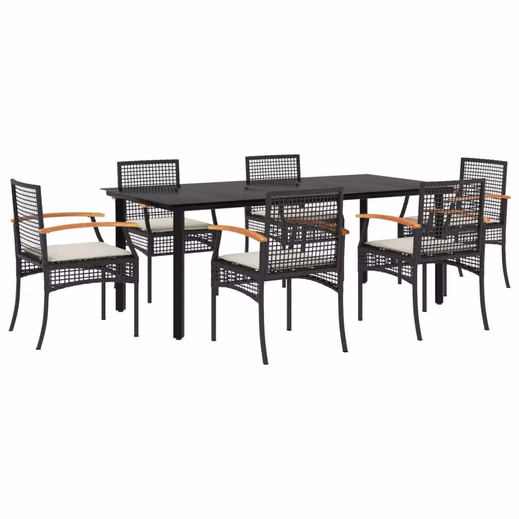 Set da Pranzo da Giardino 7 pz Nero con Cuscini in Polyrattan