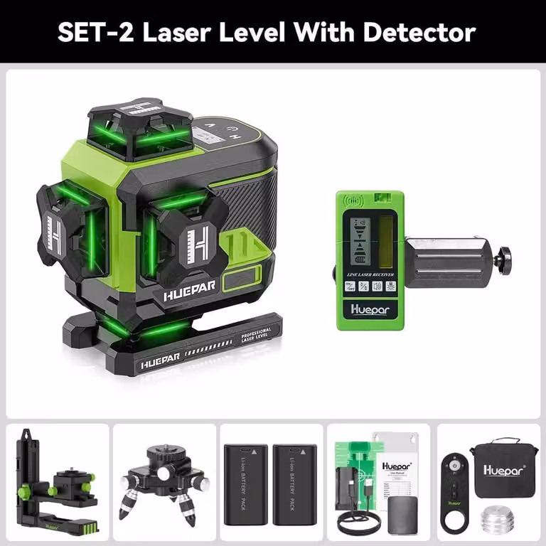 Livella laser a croce a 16 linee, laser verde 4D con display LCD, Bluetooth e telecomando, e due batterie