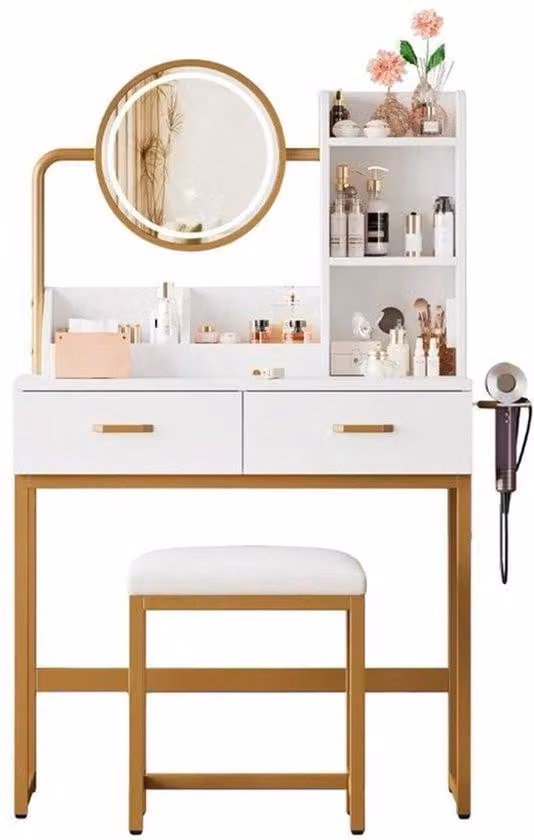 Tavolino da trucco con illuminazione - Gambe dorate - Design compatto - Con cassetti e spazio contenitivo
