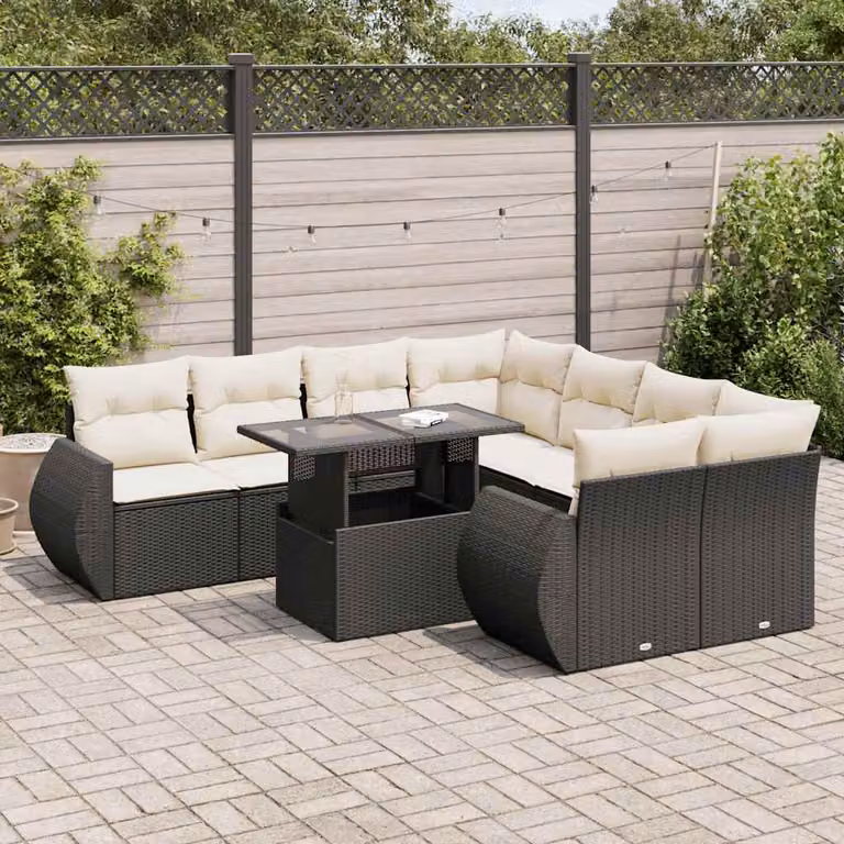 Set di divani da giardino vidaXL in polyrattan nero con cuscini e tavolino da esterno a forma di U