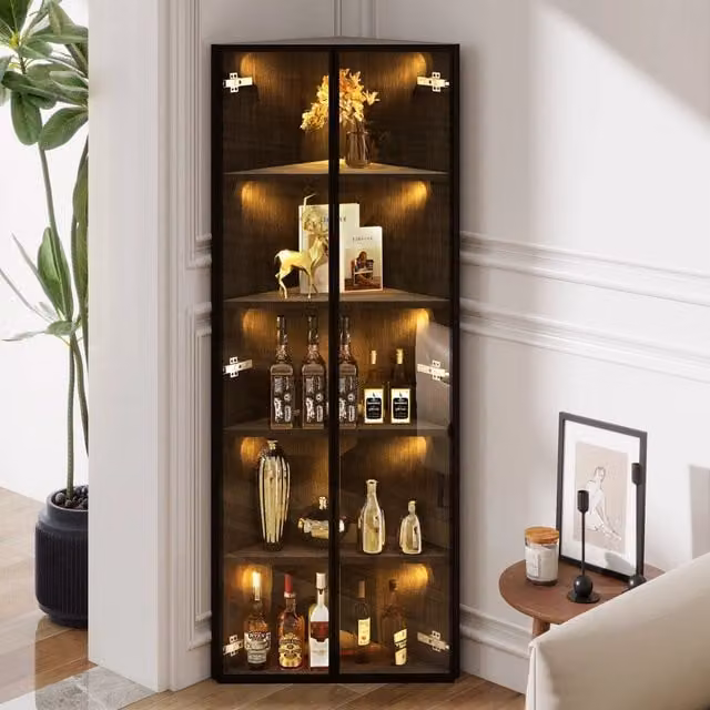 Vetrina angolare MIVRAY nera con ante in vetro, LED integrati e sistema soft close, L: 62 cm, P: 35 cm, H: 160 cm