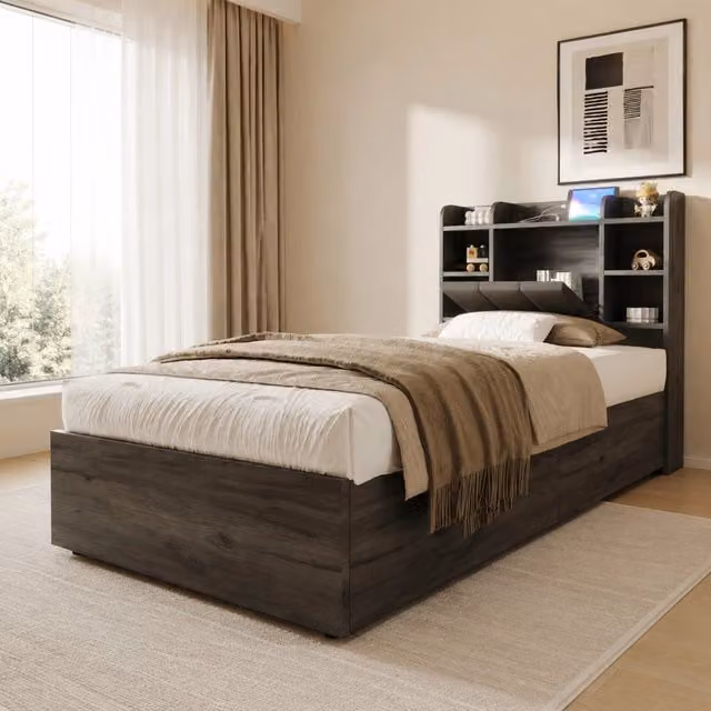 Letto singolo idraulico 90x200 cm con testiera contenitore; USB e USB-C; MDF; grigio
