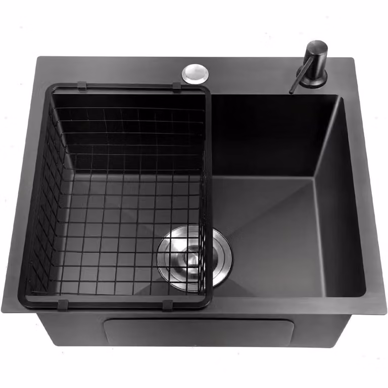 Lavello da cucina – Vasca singola da incasso – 45x40x20 cm – Acciaio inossidabile 201 con rivestimento nano-protettivo antigraffio – Con piano di scolo, dispenser per sapone e gruppo di scarico – Senza rubinetto – Nero
