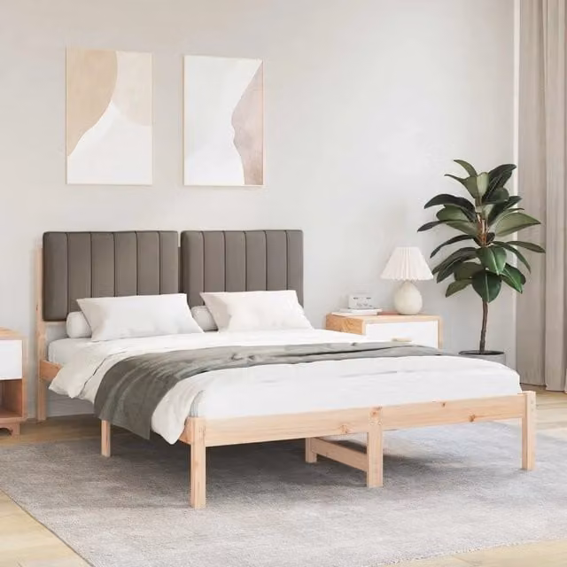 Letto con testiera rivestita vidaXL in legno di pino, colore beige o grigio, L/P/H: 140 x 190 x 84,5 cm – 1