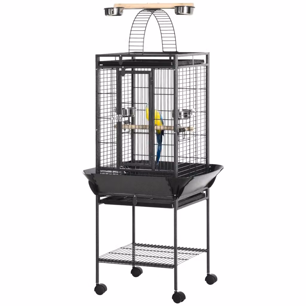 Gabbia per pappagallini con 2 posatoi e scala ad arco in acciaio e legno di abete, Grigia e Nera, H: 156 cm, L: 62.5 cm, P: 62.5 cm – 2