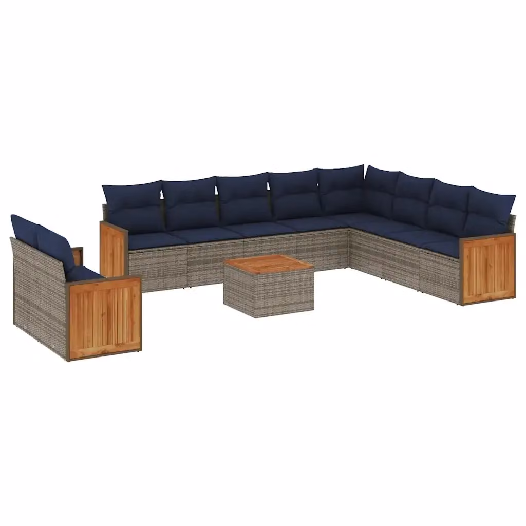 Set di divani da giardino vidaXL in polyrattan e legno di acacia con 11 pezzi e cuscini grigi e blu – 2