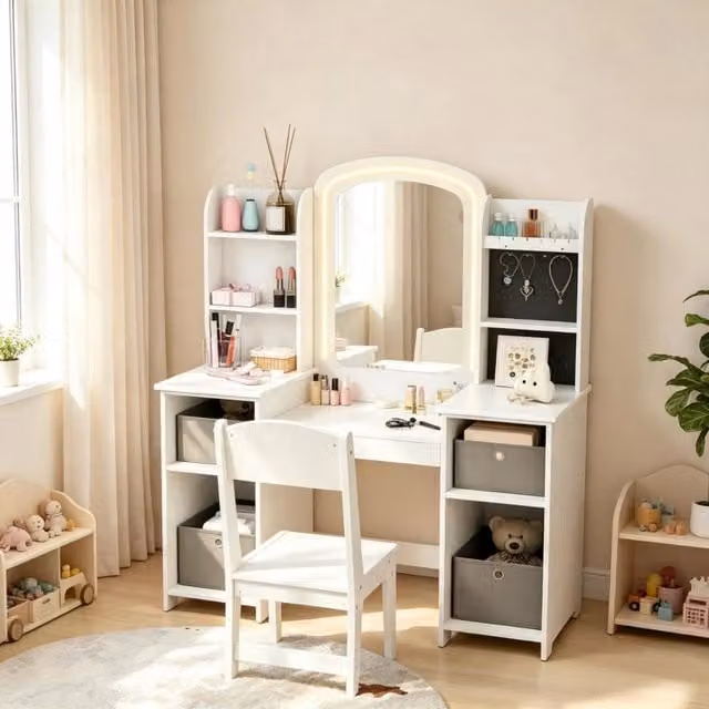 Toeletta per bambini Mivray Hollywood LED bianca con specchio a doppia illuminazione, 6 ripiani e 4 cassetti, L: 104 cm, P: 40 cm, H: 112 cm