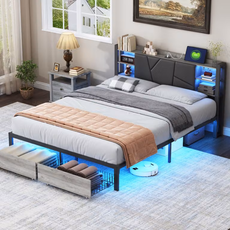 Letto 160x200 cm con USB e 2 cassetti, Testata imbottita in PU, struttura in metallo e legno, Letto matrimoniale con illuminazione a LED, Senza materasso