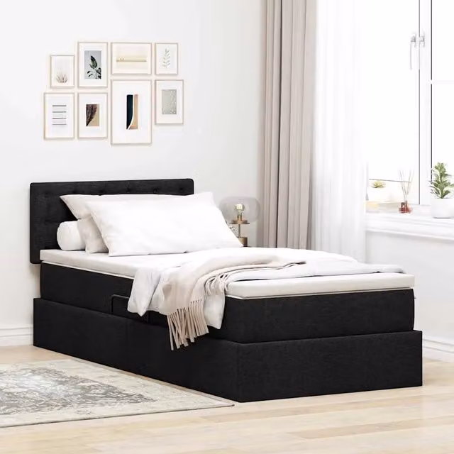 vidaXL Letto con contenitore, LED e porta USB in tessuto nero, L/P/H: 90 x 200 x 204 cm