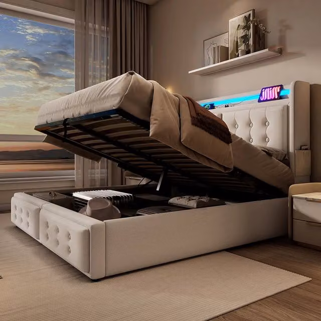 Letto a cassettoni per adulti - Xylo - 160x200 cm - Beige - Testiera LED e USB C