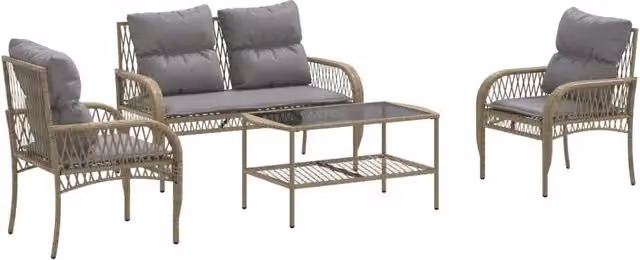 Set Divano da Giardino 4 pz | Set Salotto da Giardino con Cuscini Beige in Polyrattan