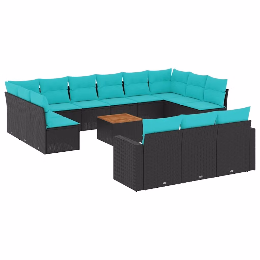 Set di Divani da Giardino a Forma di U vidaXL in Polyrattan Nero con Cuscini Blu e Tavolino da Esterno – 2