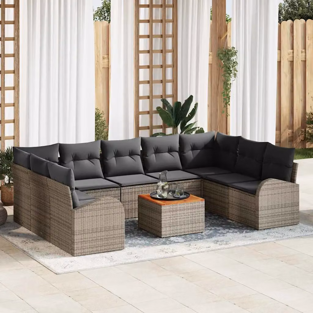 Set Divano da Giardino vidaXL 10 Pezzi in Polyrattan Grigio con Cuscini e Tavolino da Esterno – 1
