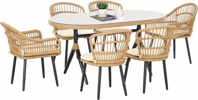 Set da giardino Outsunny in rattan marrone e beige composto da 7 pezzi con tavolo da pranzo e 6 sedie con cuscini, L/P/H tavolo: 153 x 89 x 74 cm, L/P/H sedie: 52 x 62 x 78 cm