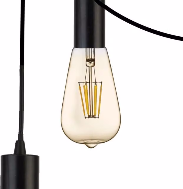 Lampadario a sospensione Searchlight in metallo nero con 9 luci E27 e vetro trasparente dimmabile