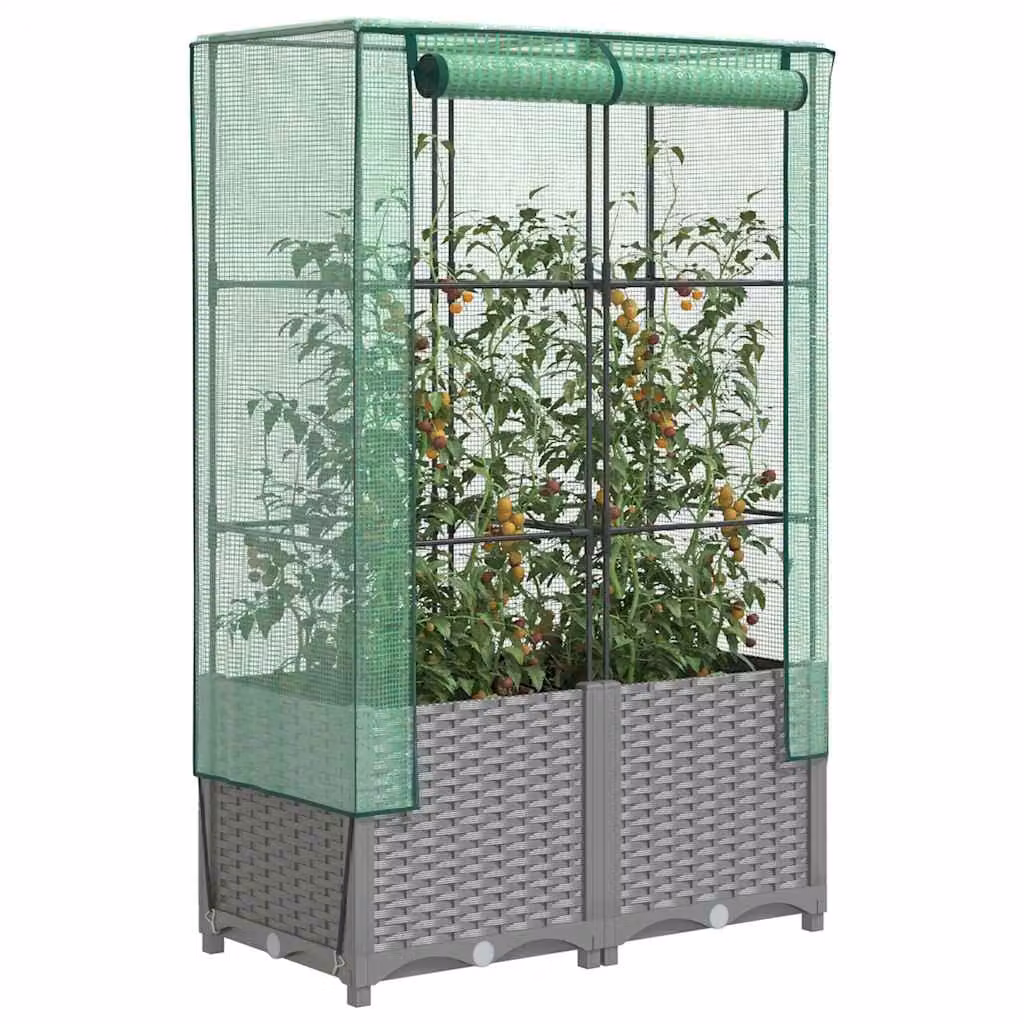 vidaXL Letto Rialzato con Copertura Serra Effetto Rattan Grigio e Verde L: 80 cm, P: 40 cm, H: 138 cm