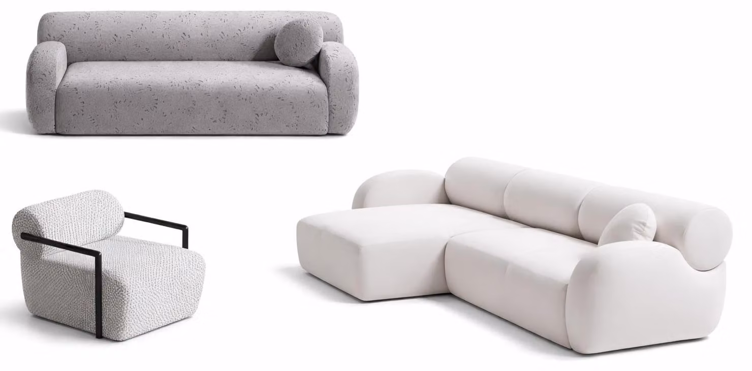 Set di divani grigio-bianco: elegante divano ad angolo e raffinata poltrona a tre posti