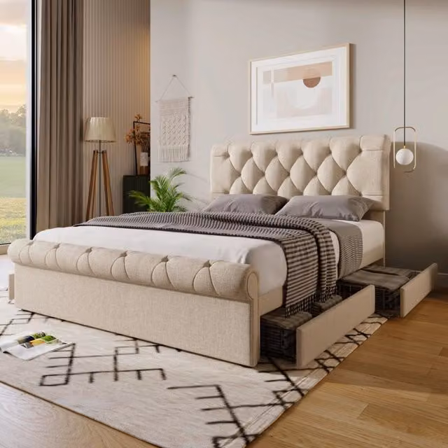 Letto matrimoniale 140x200 cm imbottito in lino; letto contenitore con quattro cassetti; testiera regolabile; stile Chesterfield naturale