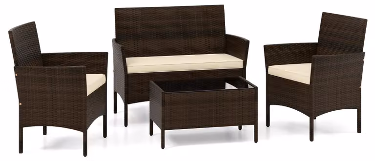 Set di mobili da giardino in polyrattan COSTWAY, mobili da esterno, set composto da 2 poltrone, panca, tavolo e cuscini, mobili da terrazza, set da giardino beige