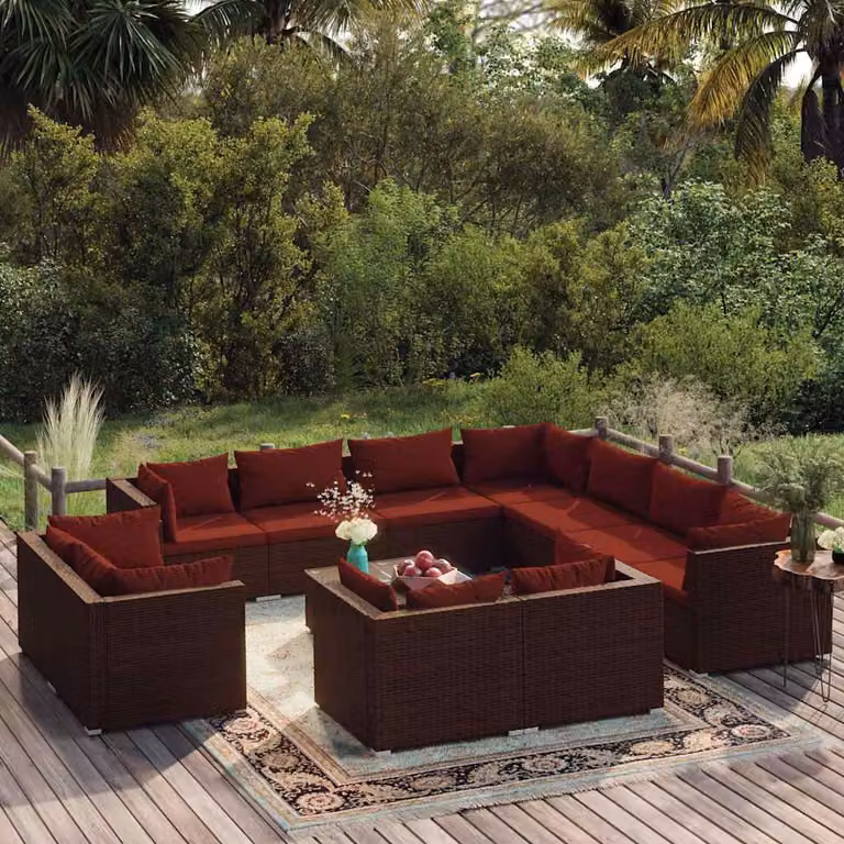 Set di divani da giardino vidaXL a forma di U con cuscini e tavolino, struttura in metallo e rattan marrone e rosso