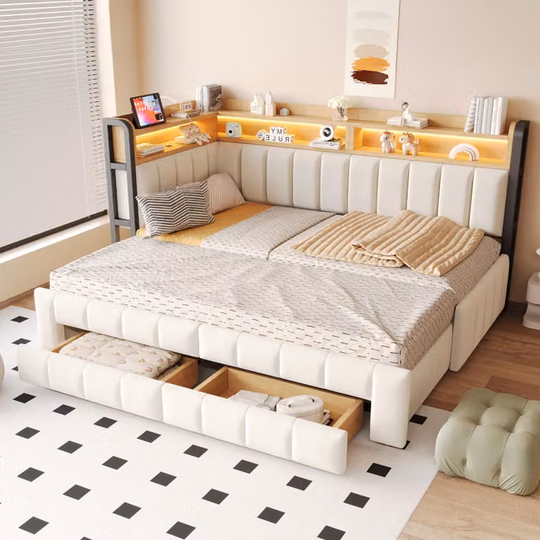 Divano letto 90/180 x 200 cm, con letto imbottito estraibile, dotato di 2 cassetti, illuminazione LED, porte USB e di tipo C, ripiani e vani contenitori, rivestito in velluto color beige