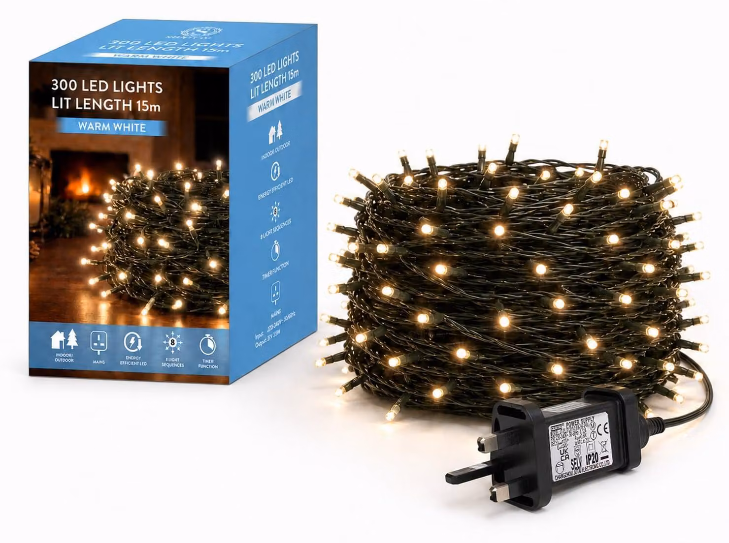 Catena luminosa con 300 LED, luce bianca calda, 8 modalità, timer, grado di protezione IP44, lunghezza 20 metri