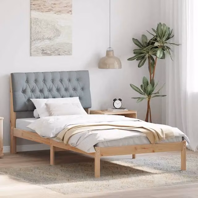 Letto moderno vidaXL con testiera rivestita in tessuto e struttura in legno di pino, L/P/H: 200 x 100 x 93,5 cm, disponibile in marrone o grigio