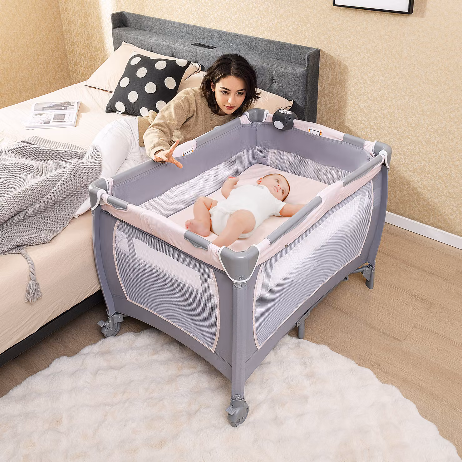 Costway Box portatile per bambini con culla a dondolo e fasciatoio, Lettino pieghevole rosa per neonati e bambini fino a 3 anni