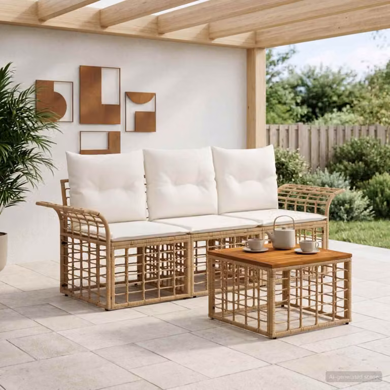 vidaXL Set di divani da esterno 4 pezzi con tavolino, struttura in acciaio verniciato e legno di acacia, colore beige e bianco crema