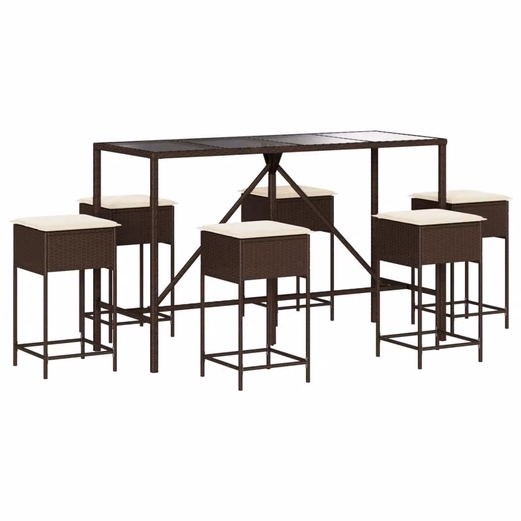 Set Bar da Giardino 7 pz con Cuscini in Polyrattan Marrone