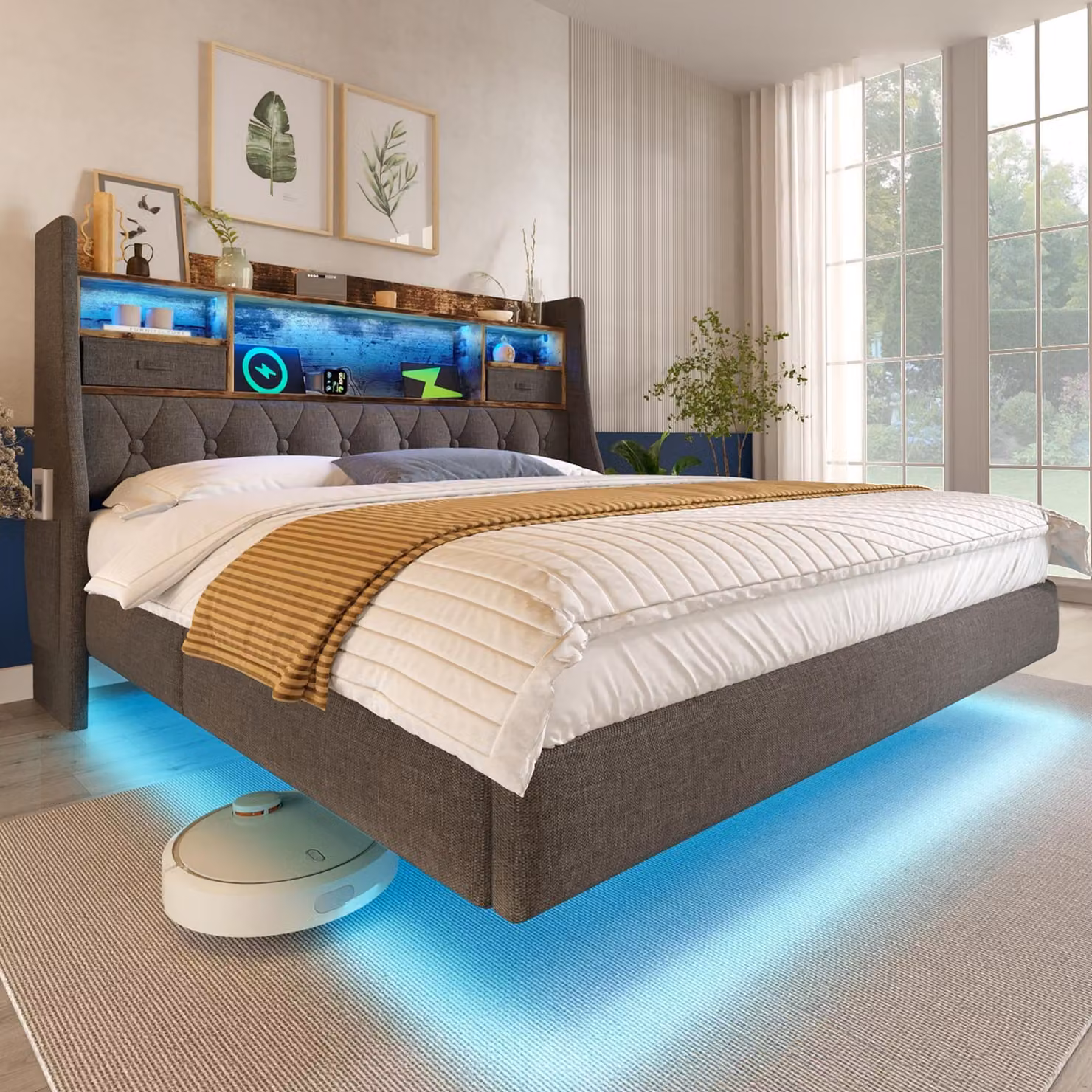Letto imbottito Flieks 140x190 cm con USB e Type-C, letto matrimoniale per ragazzi con pelle, letto in legno con contenitore e cassetti, lino, grigio