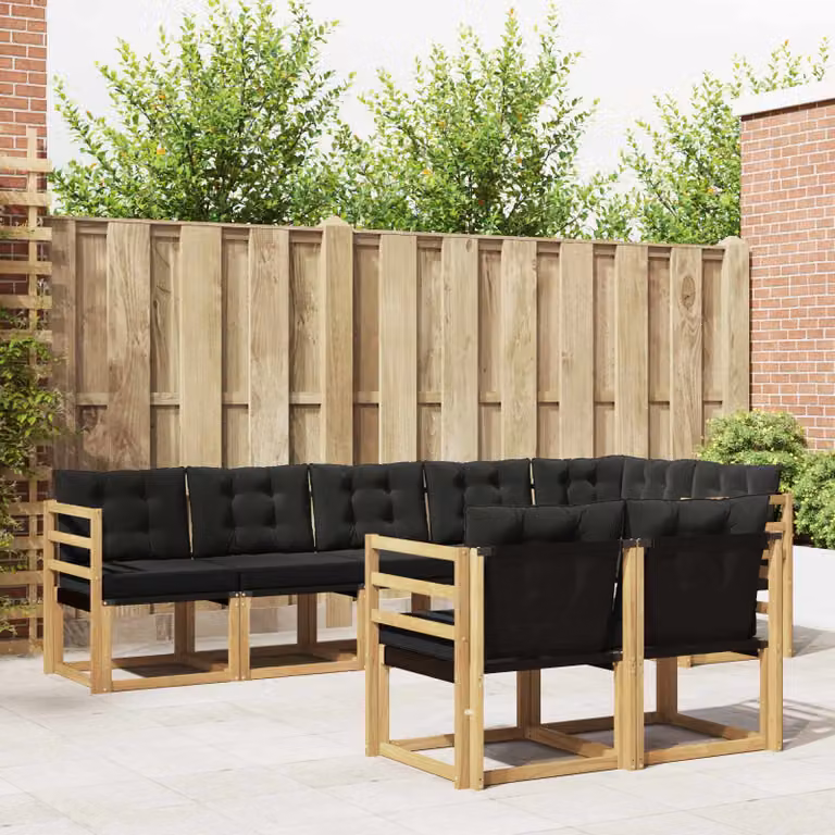 Set di divani da esterno vidaXL a forma di L in legno di acacia con cuscini, Bianco, Nero e Marrone