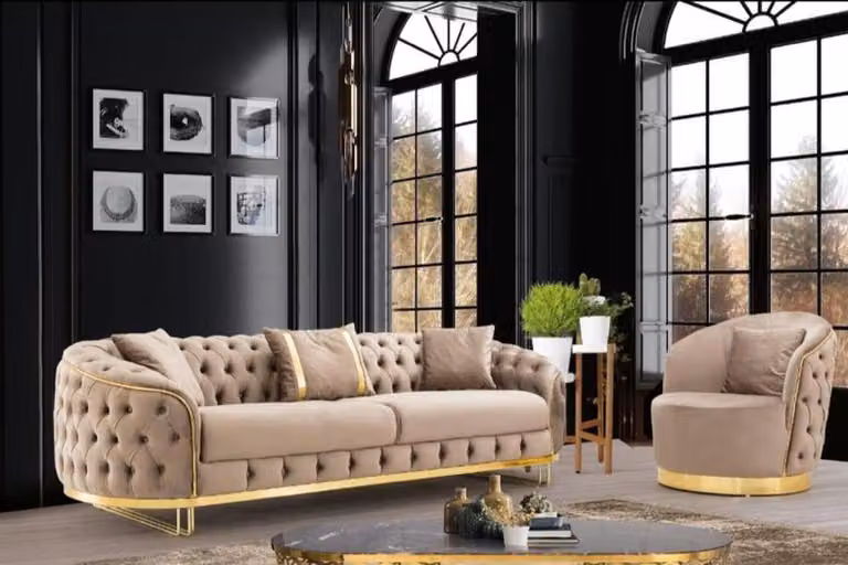 Designer Wohnzimmer Set 3-Sitzer Sofa und Sessel Beige Farbe 2tlg.