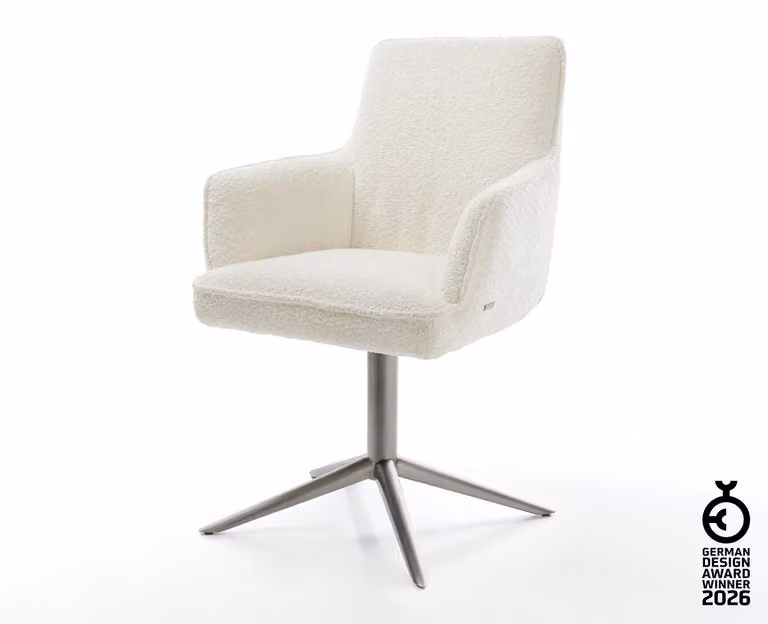 Sedia girevole DELIFE Heira-Flex con braccioli Bouclé bianco Base grafitica Girevole a 360° Funzione oscillante Materasso a molle insacchettate