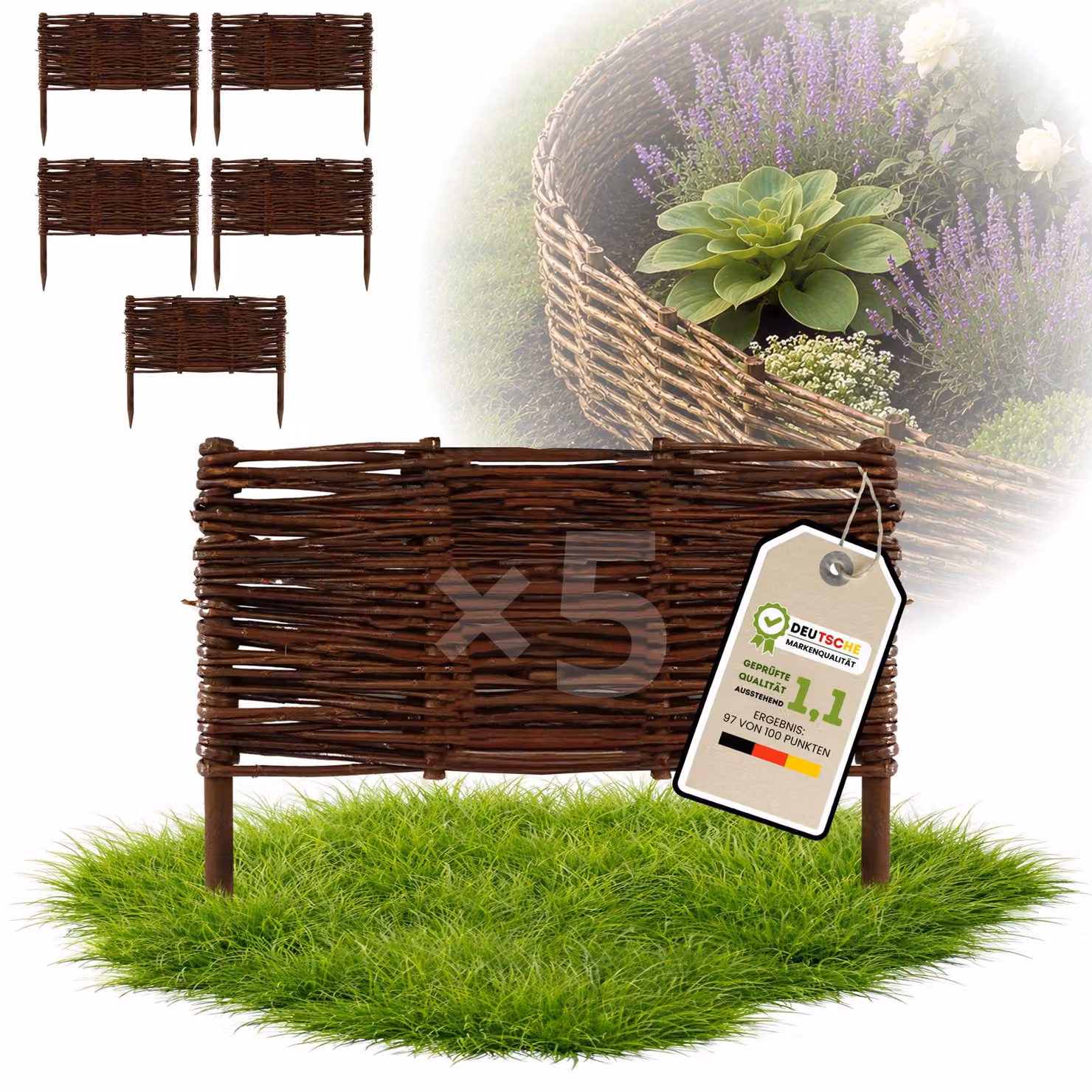 Floranica 5 pezzi Recinzione in vimini 30 cm x 30 cm – Staccionata da giardino intrecciata Palizzata Recinzione naturale Bordo aiuola