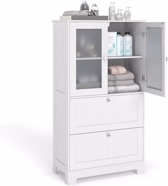 Mobile autoportante moderno DESIGN IN con ante in vetro e cassetti, ideale per cucina, soggiorno o sala da pranzo, Bianco opaco