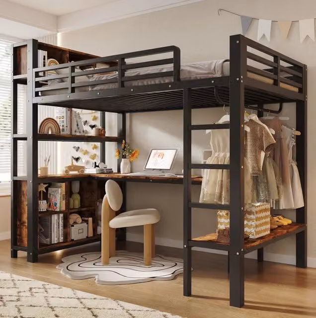 Letto a soppalco 90x200 cm con scrivania e guardaroba nero