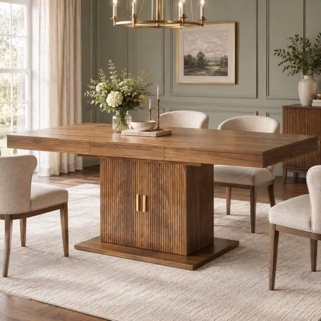 Tavolo da pranzo allungabile 140-180x90 cm con vano contenitore; MDF e metallo marrone