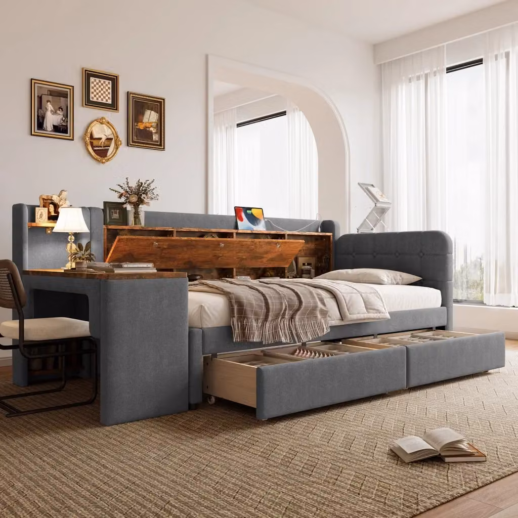 Letto divano singolo OKWISH grigio con scrivania, 2 cassetti e porte USB e Tipo C, L/P: 90 x 200 cm – 2
