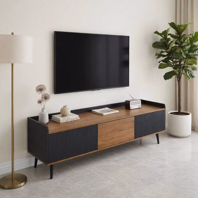 Cassettiera per TV KOMHTOM moderna in MDF e legno, colore nero e beige, L: 160 cm, P: 39 cm, H: 49,5 cm – 1
