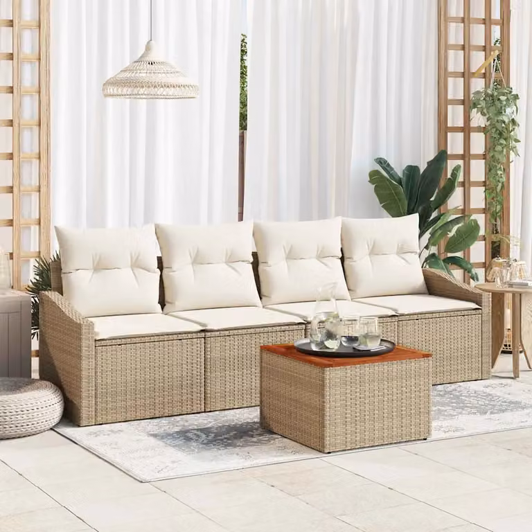 Set da giardino vidaXL in polyrattan composto da 5 pezzi con cuscini beige e bianco