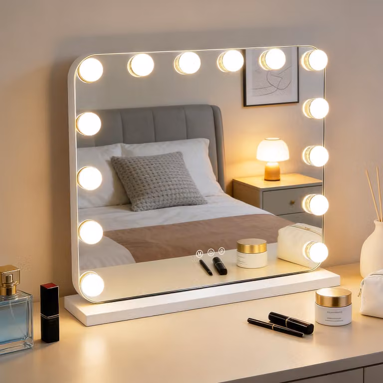 ZMH Specchio da trucco a LED con illuminazione 50×40 cm Specchio da toeletta piccolo Specchio cosmetico illuminato Specchio da tavolo 3 modalità Specchio da toeletta touch dimmerabile