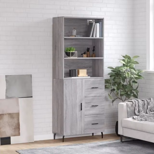 Credenza moderna vidaXL in legno e metallo, Grigio, L: 69,5 cm, P: 34 cm, H: 180 cm