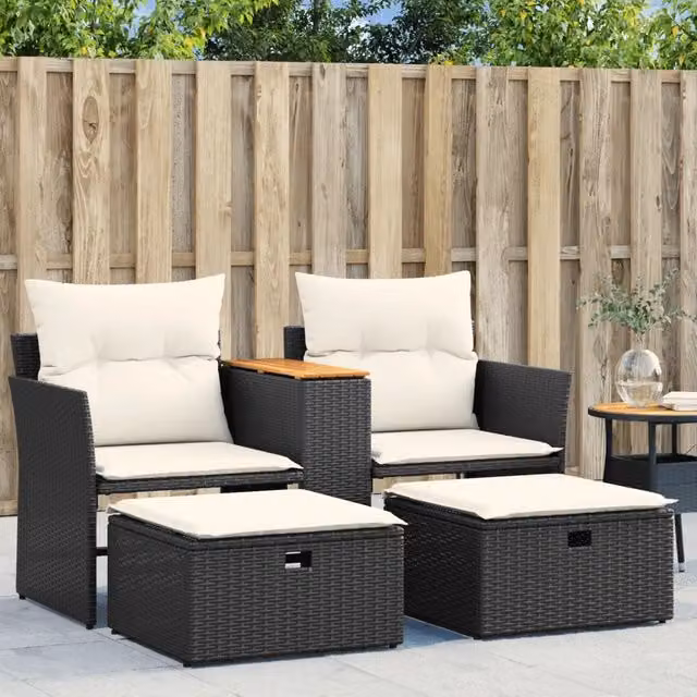 Divano da Giardino 2 Posti con Sgabelli Nero in Polyrattan 365803