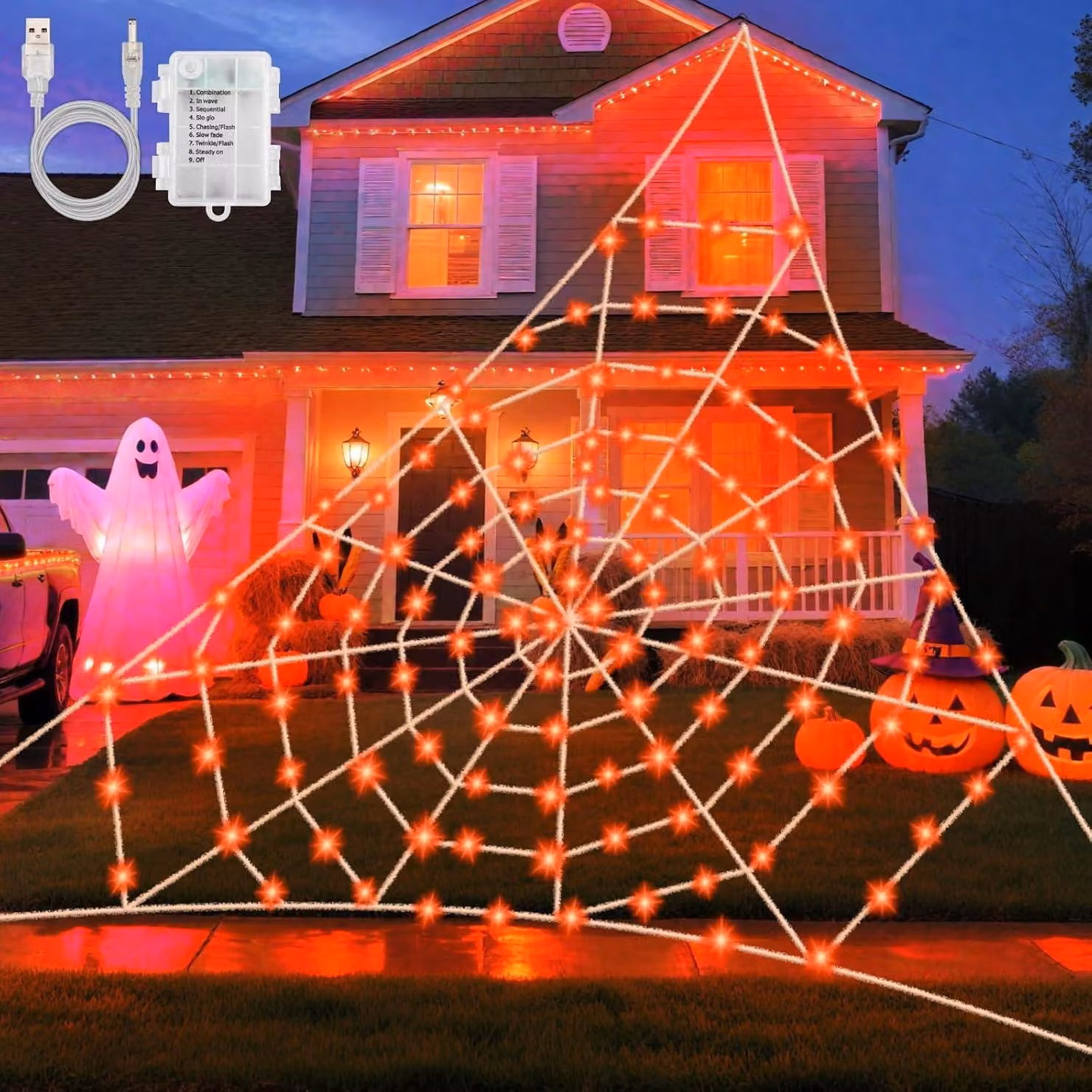 Catena luminosa a forma di ragnatela, 5x5 metri, 120 LED arancioni, alimentazione USB/batterie, timer, 8 modalità