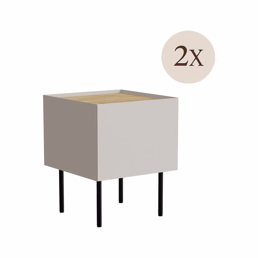 Set di 2 comodini Preci DMORA con cassetto e vano interno, finitura opaca beige e rovere, L 40 cm x P 41 cm x H 60 cm – 2
